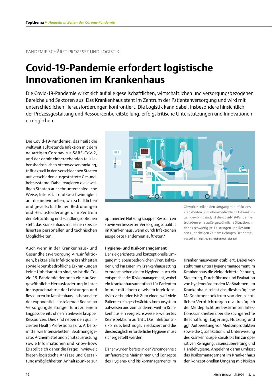 Vorschauseite 1: Pandemie schärft Prozesse und Logistik: Covid-19-Pandemie erfordert logistische Innovationen im Krankenhaus.