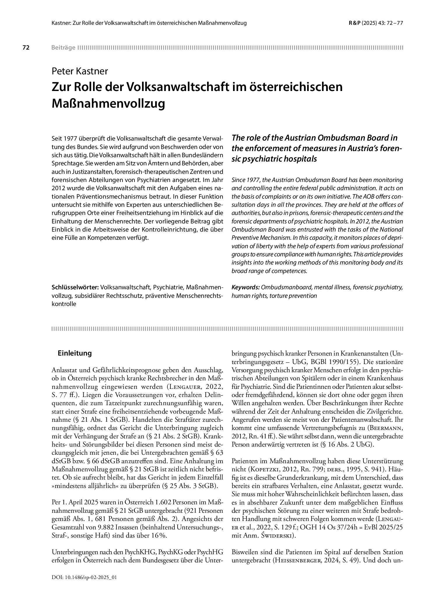 Vorschauseite 1: Zur Rolle der Volksanwaltschaft im österreichischen Maßnahmenvollzug