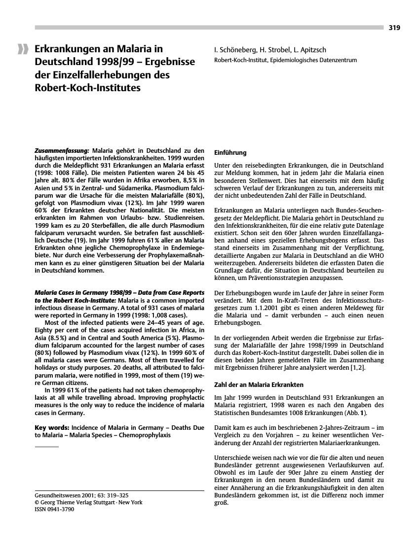 Vorschauseite 1: Erkrankungen an Malaria in Deutschland 1998/99 - Ergebnisse der Einzelfallerhebungen des Robert-Koch-Institutes