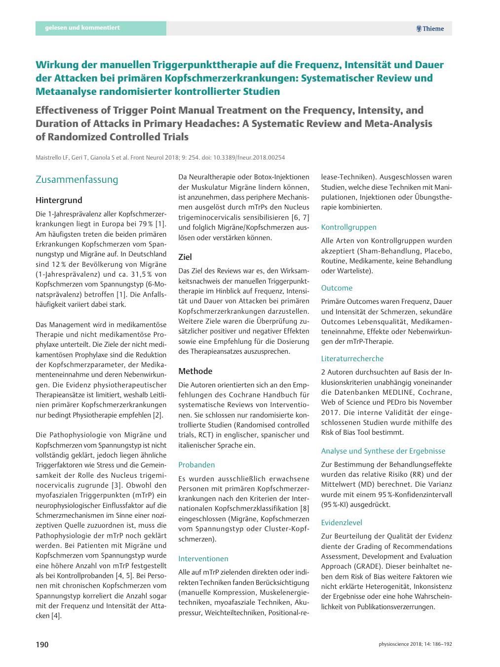 Vorschauseite 1: Wirkung der manuellen Triggerpunkttherapie auf die Frequenz, Intensität und Dauer der Attacken bei primären Kopfschmerzerkrankungen: Systematischer Review und Metaanalyse randomis…