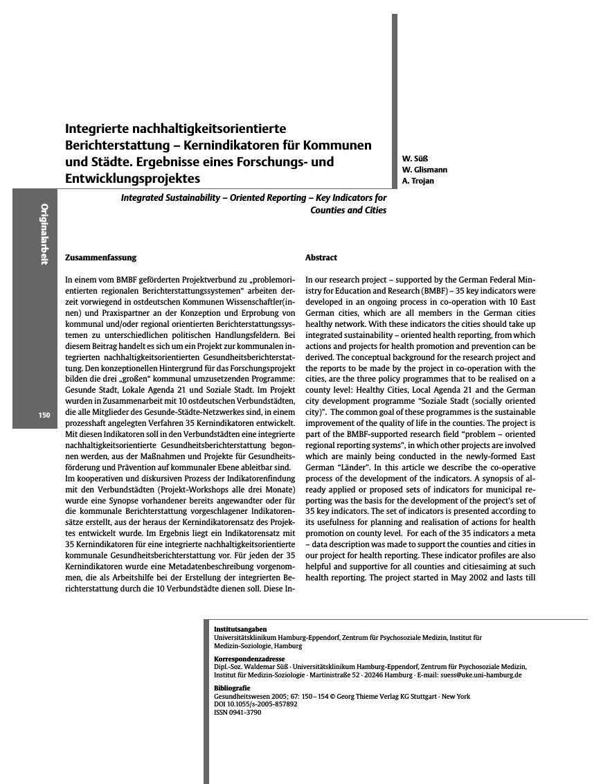 Vorschauseite 1: Integrierte nachhaltigkeitsorientierte Berichterstattung - Kernindikatoren für Kommunen und Städte. Ergebnisse eines Forschungsund Entwicklungsprojektes