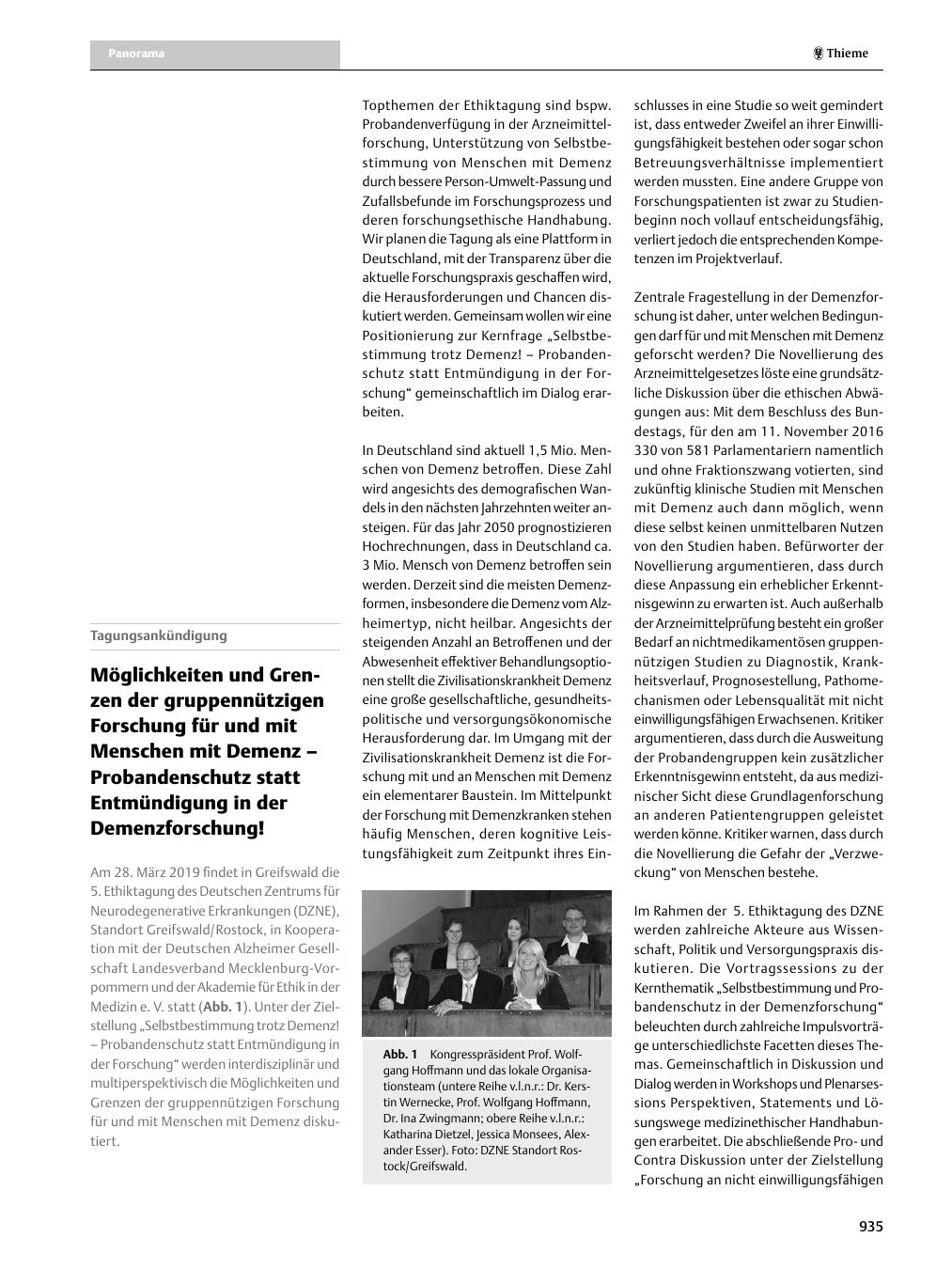 Vorschauseite 1: Möglichkeiten und Grenzen der gruppennützigen Forschung für und mit Menschen mit Demenz ? Probandenschutz statt Entmündigung in der Demenzforschung!