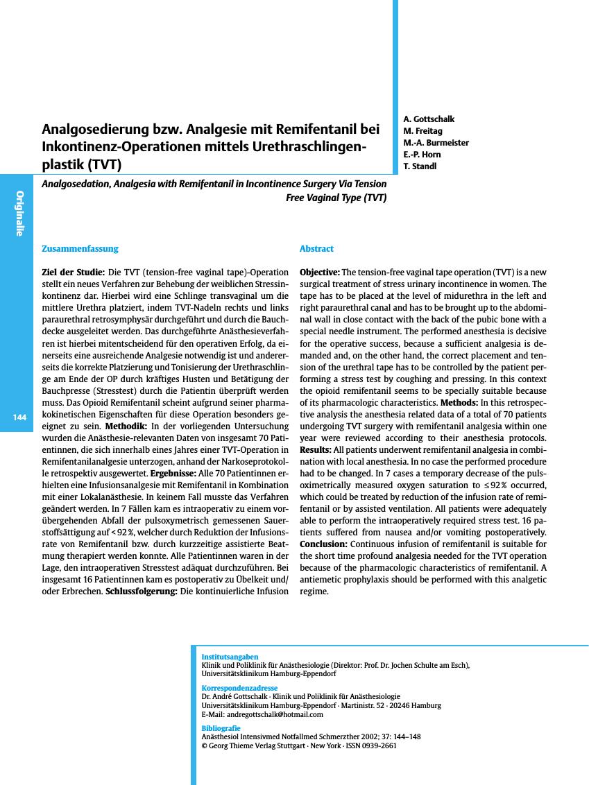 Vorschauseite 1: Analgosedierung bzw. Analgesie mit Remifentanil bei Inkontinenz-Operationen mittels Urethraschlingenplastik (TVT)
