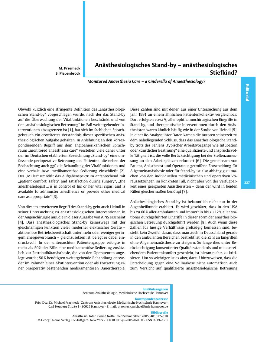 Vorschauseite 1: Anästhesiologisches Stand-by - anästhesiologisches Stiefkind?