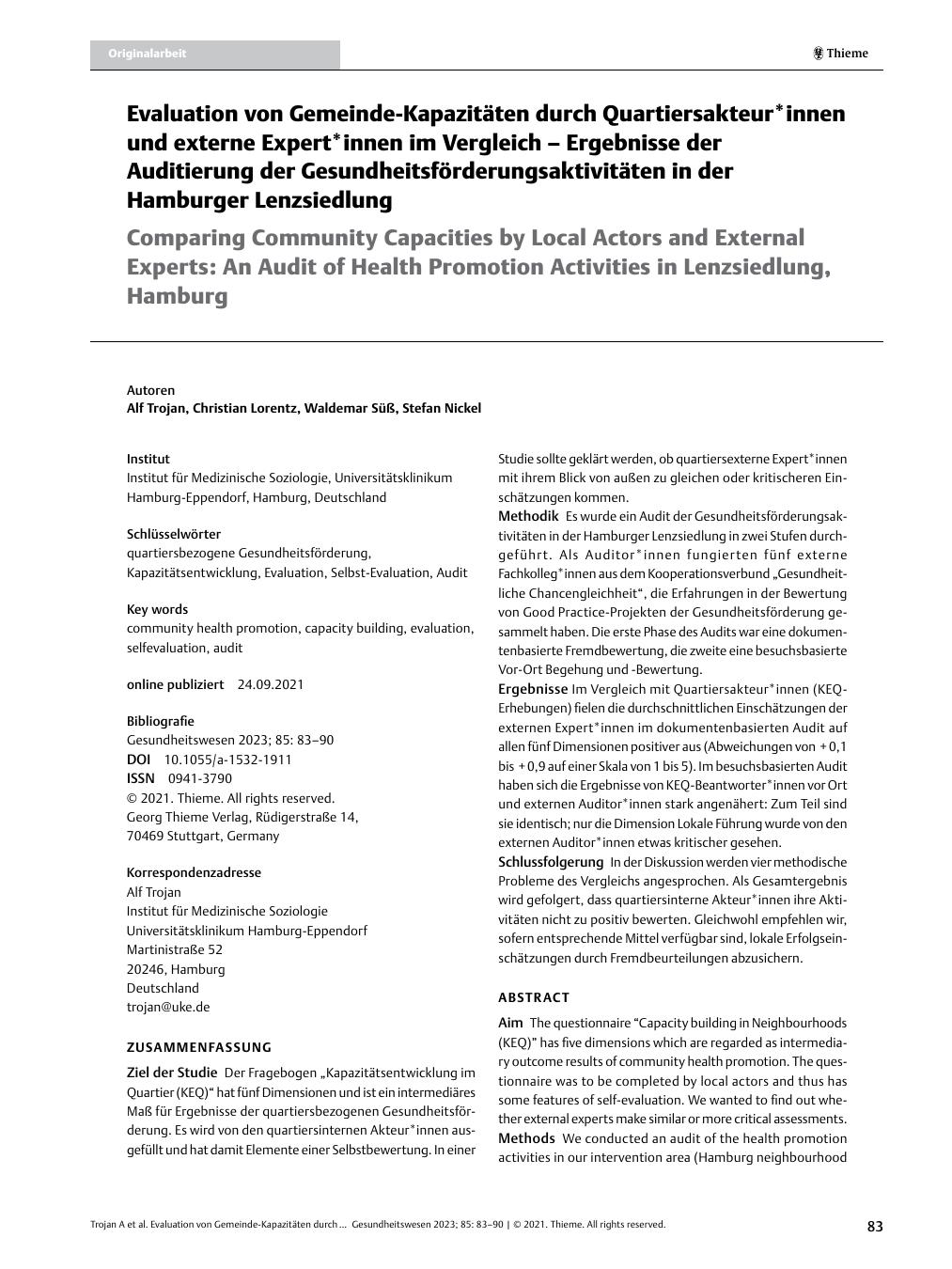 Vorschauseite 1: Evaluation von Gemeinde-Kapazitäten durch Quartiersakteur*innen und externe Expert*innen im Vergleich – Ergebnisse der Auditierung der Gesundheitsförderungsaktivitäten in der Hamb…