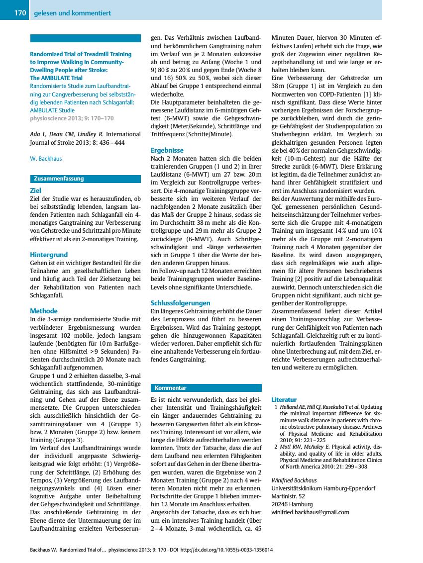 Vorschauseite 1: Randomized Trial of Treadmill Training to Improve Walking in Community-Dwelling People after Stroke: The AMBULATE Trial