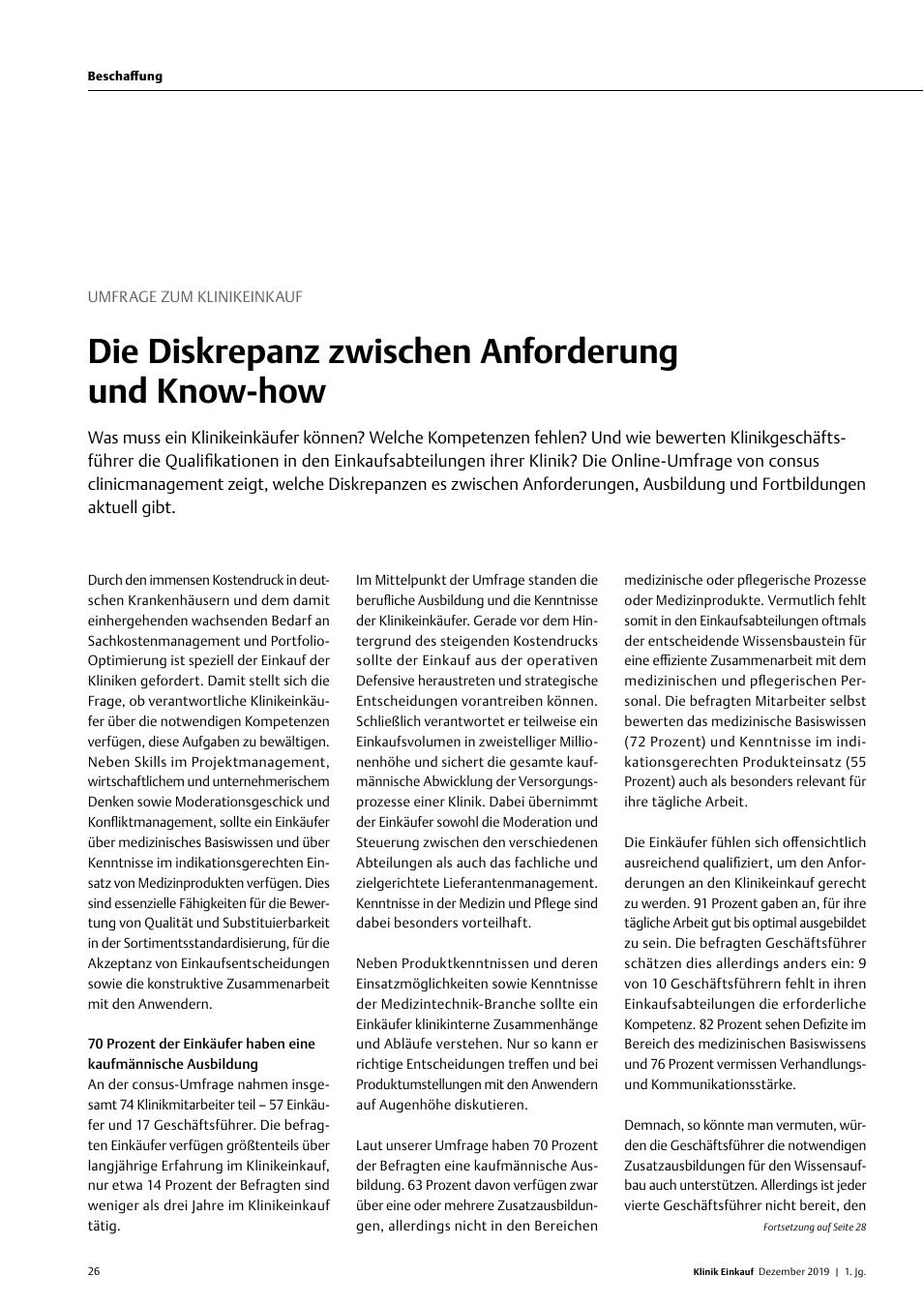 Vorschauseite 1: Umfrage zum Klinikeinkauf: Die Diskrepanz zwischen Anforderung und Know-how