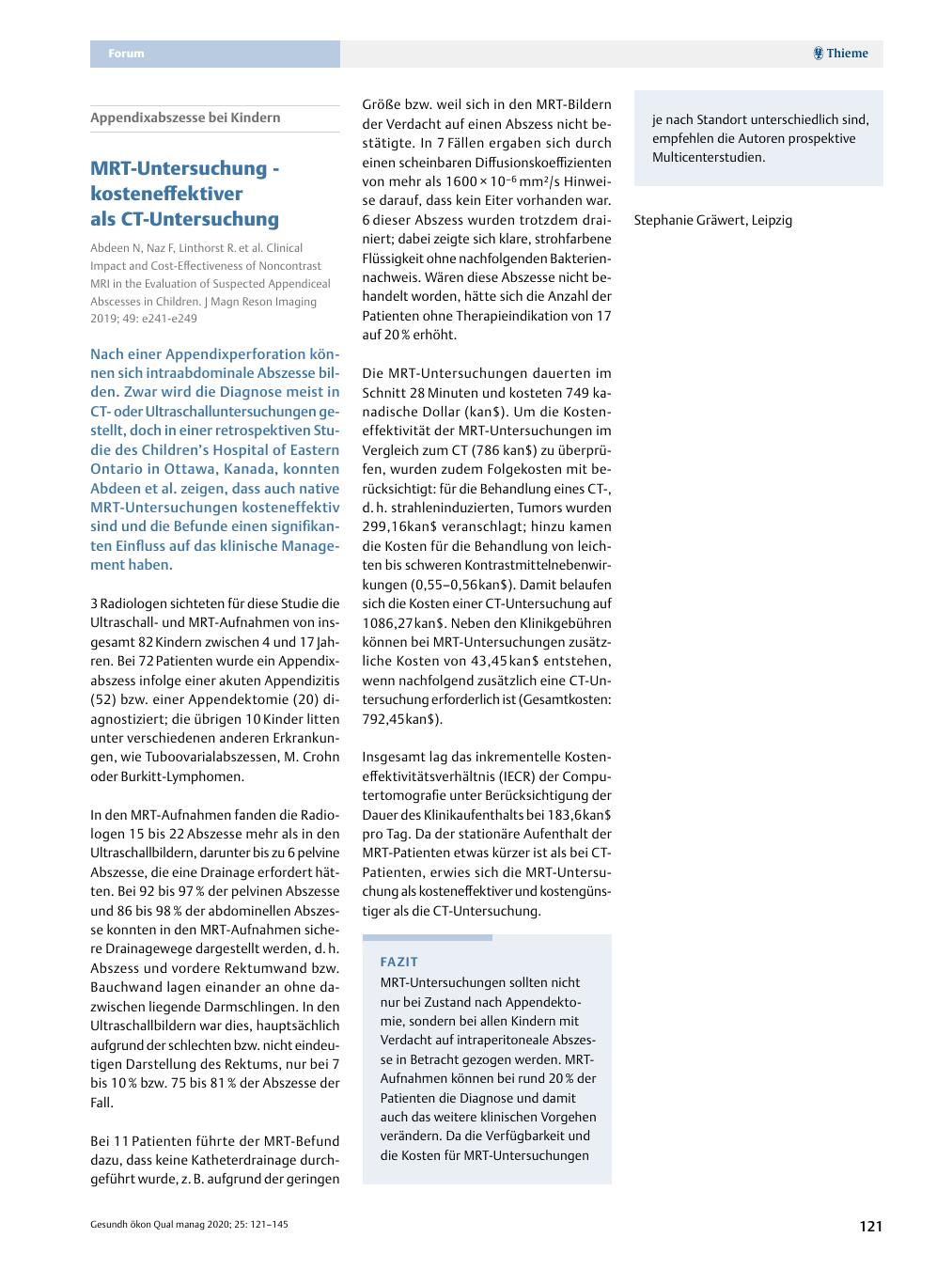 Vorschauseite 1: Appendixabszesse bei Kindern? MRT-Untersuchung - kosteneffektiver als CT-Untersuchung
