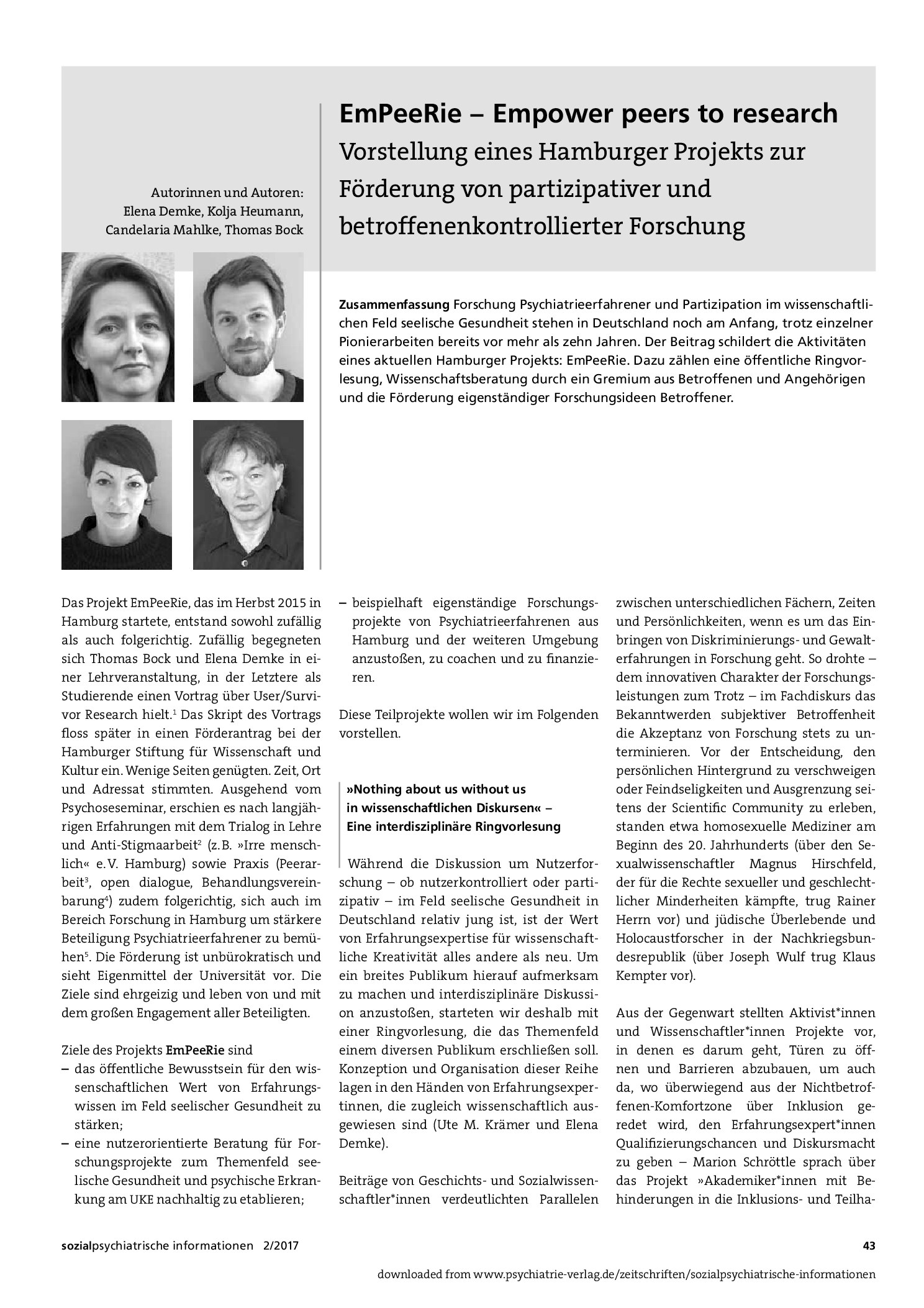 Vorschauseite 1: EmPeeRie – Empower peers to research. Vorstellung eines Hamburger Projekts zur Förderung von partizipativer und betroffenenkontrollierter Forschung
