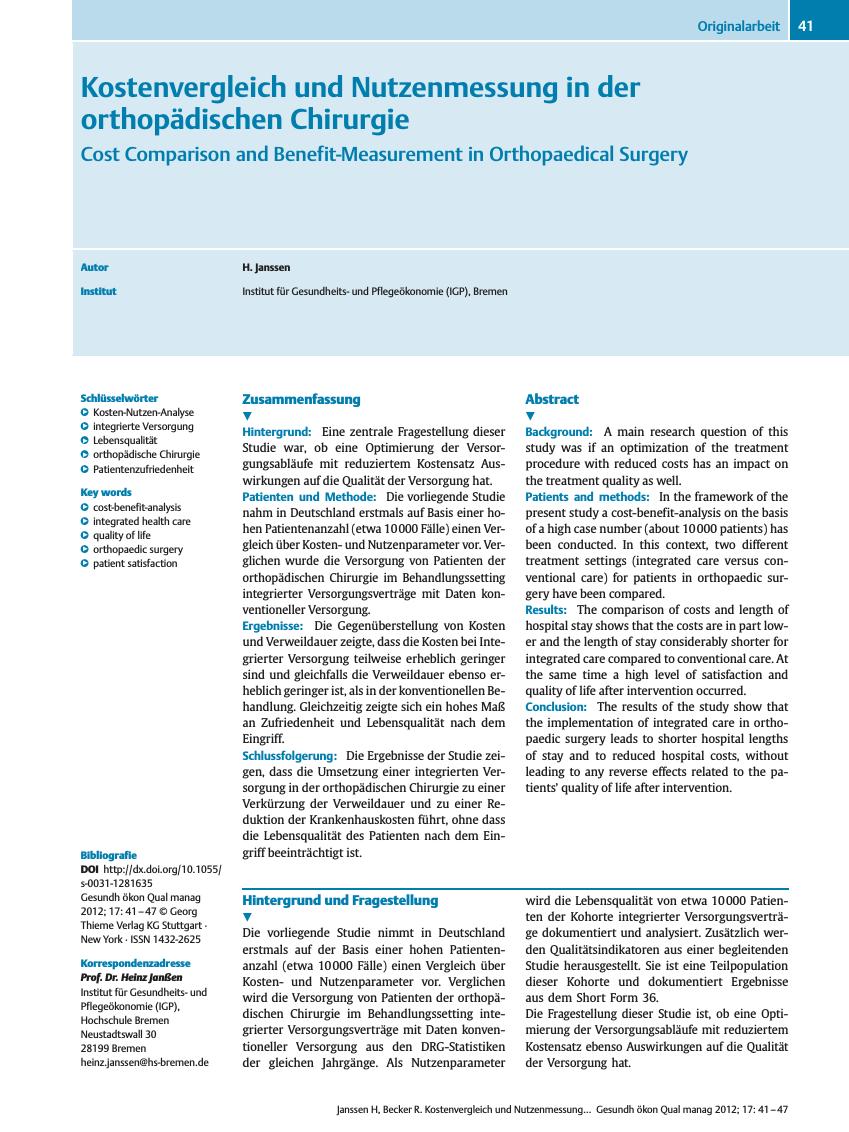 Vorschauseite 1: Kostenvergleich und Nutzenmessung in der orthopädischen Chirurgie