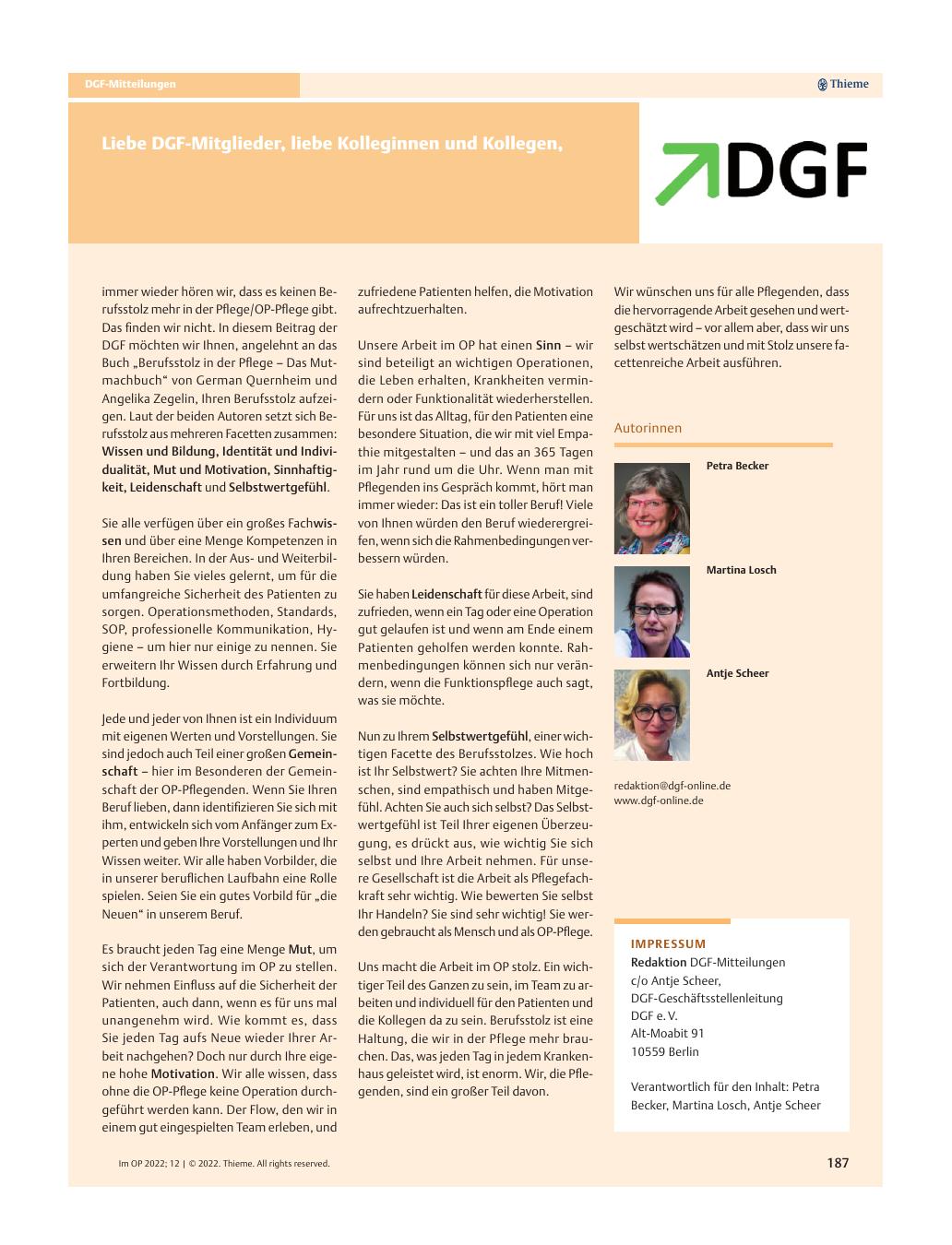 Vorschauseite 1: Liebe DGF-Mitglieder, liebe Kolleginnen und Kollegen,