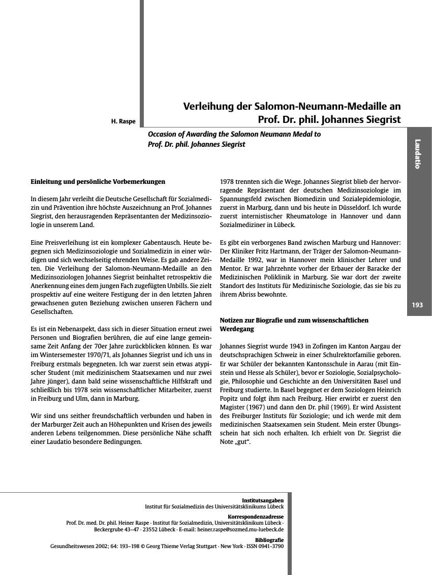 Vorschauseite 1: Verleihung der Salomon-Neumann-Medaille an Prof. Dr. phil. Johannes Siegrist