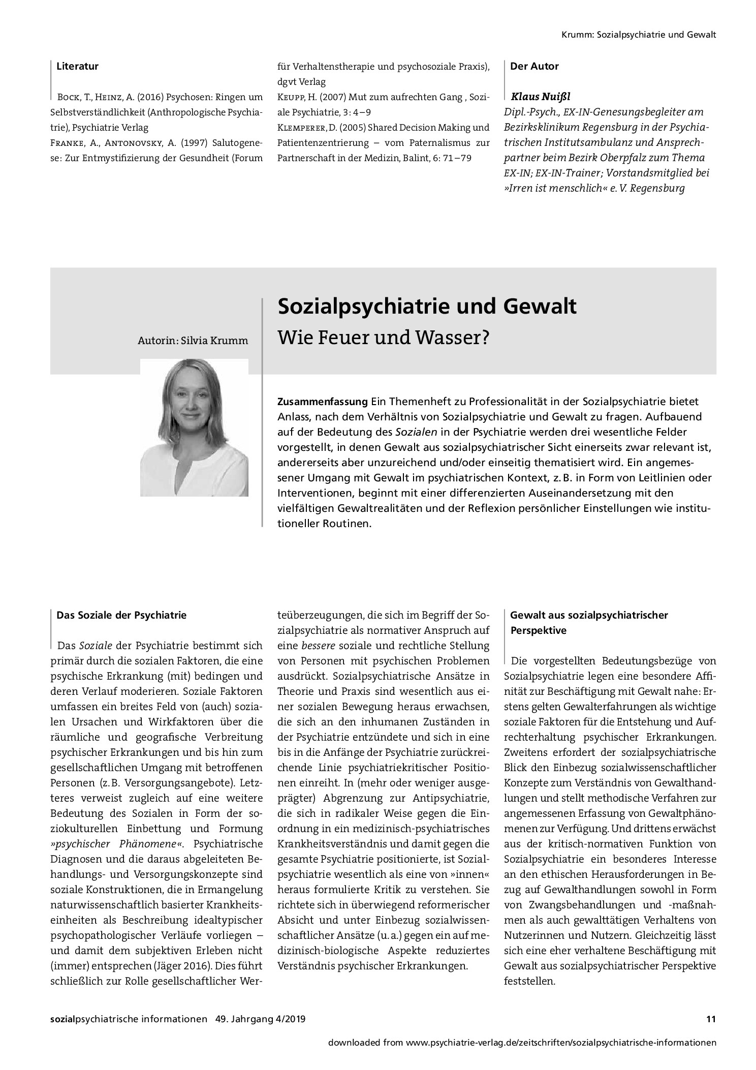 Vorschauseite 1: Sozialpsychiatrie und Gewalt. Wie Feuer und Wasser?