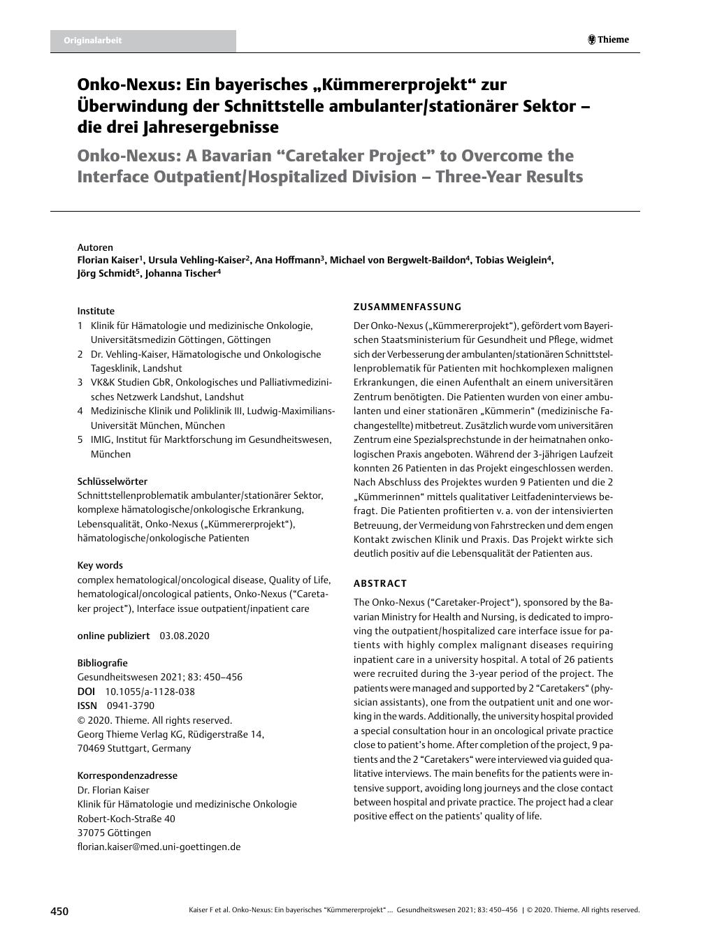Vorschauseite 1: Onko-Nexus: Ein bayerisches „Kümmererprojekt“ zur Überwindung der Schnittstelle ambulanter/stationärer Sektor – die drei Jahresergebnisse