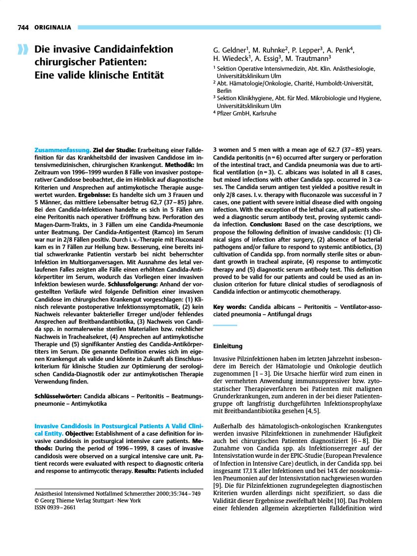 Vorschauseite 1: Die invasive Candidainfektion chirurgischer Patienten: Eine valide klinische Entität
