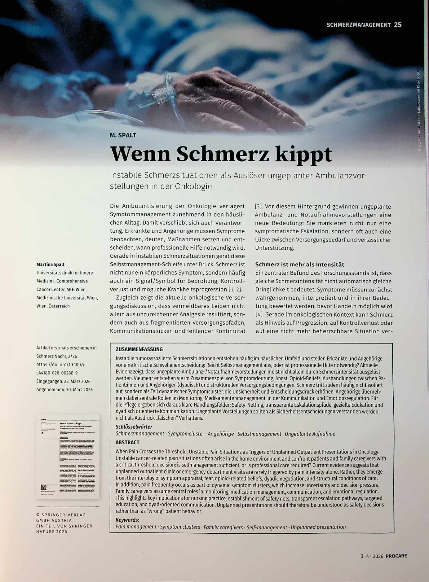 Vorschauseite 1: Wenn Schmerz kippt. Instabile Schmerzsituationen als Auslöser ungeplanter Ambulanzvorstellungen in der Onkologie