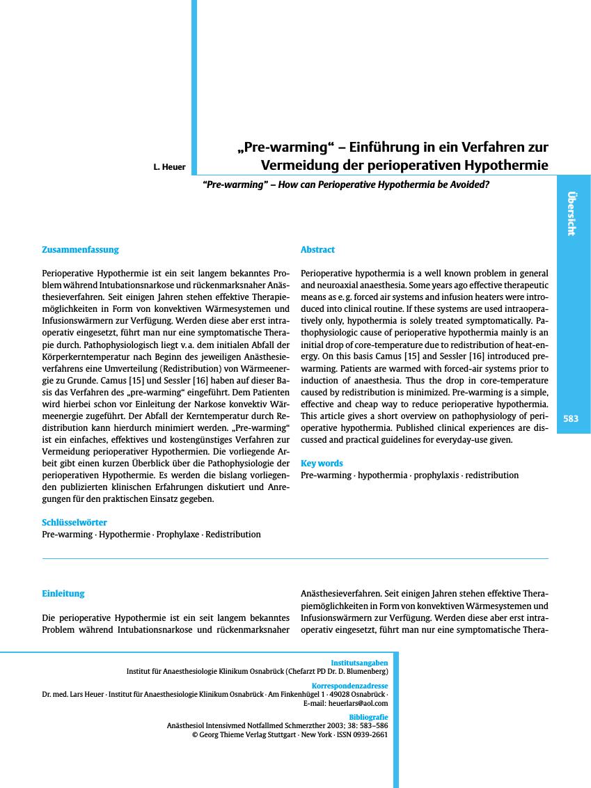 Vorschauseite 1: „Pre-warming” - Einführung in ein Verfahren zur Vermeidung der perioperativen Hypothermie