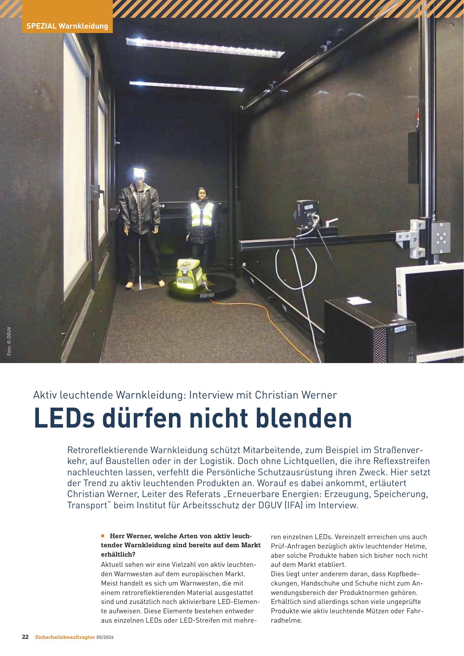 Vorschauseite 1: Aktiv leuchtende Warnkleidung: Interview mit Christian Werner . LEDs dürfen nicht blenden