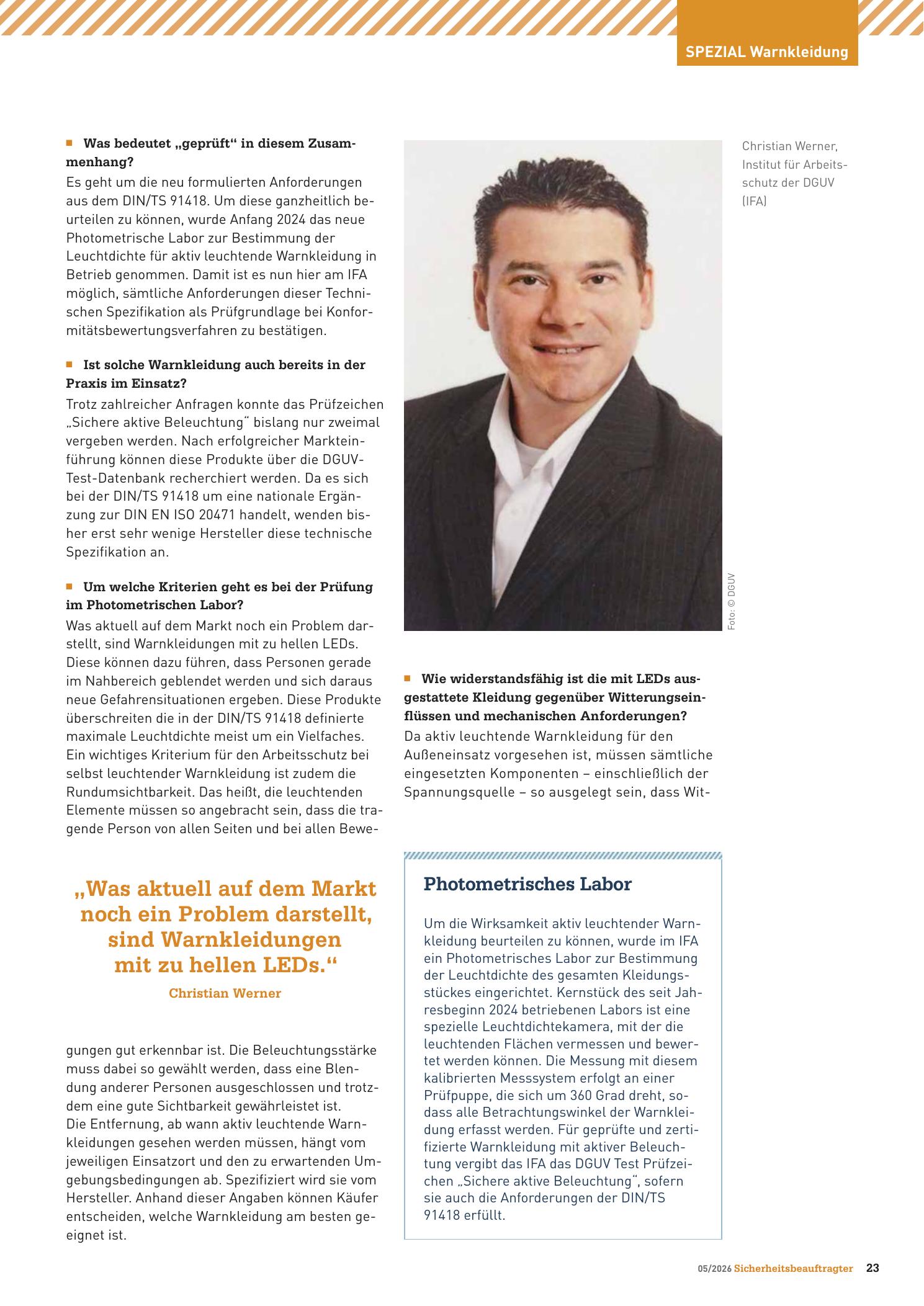 Vorschauseite 2: Aktiv leuchtende Warnkleidung: Interview mit Christian Werner . LEDs dürfen nicht blenden