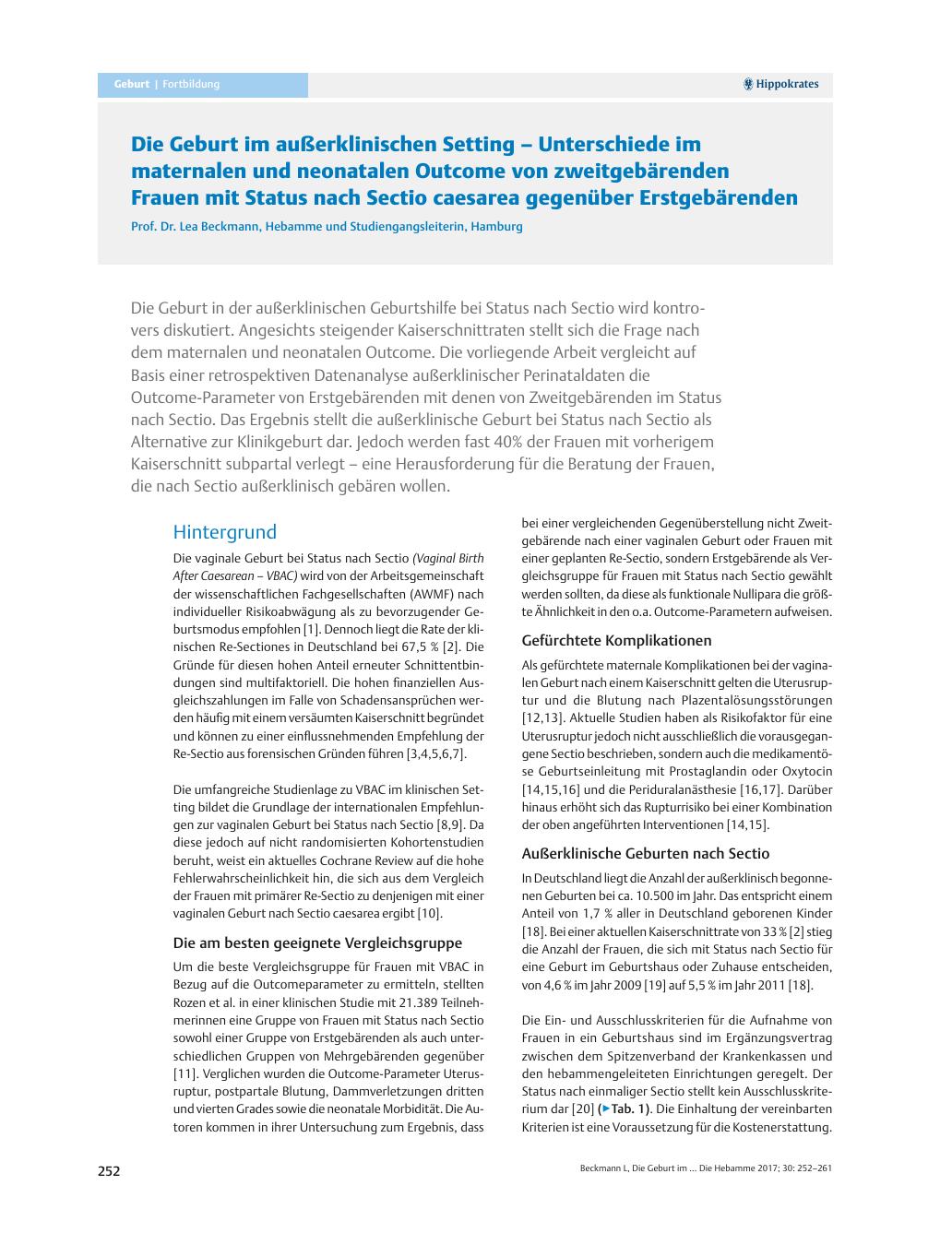 Vorschauseite 1: Die Geburt im außerklinischen Setting – Unterschiede im maternalen und neonatalen Outcome von zweitgebärenden Frauen mit Status nach Sectio caesarea gegenüber Erstgebärenden
