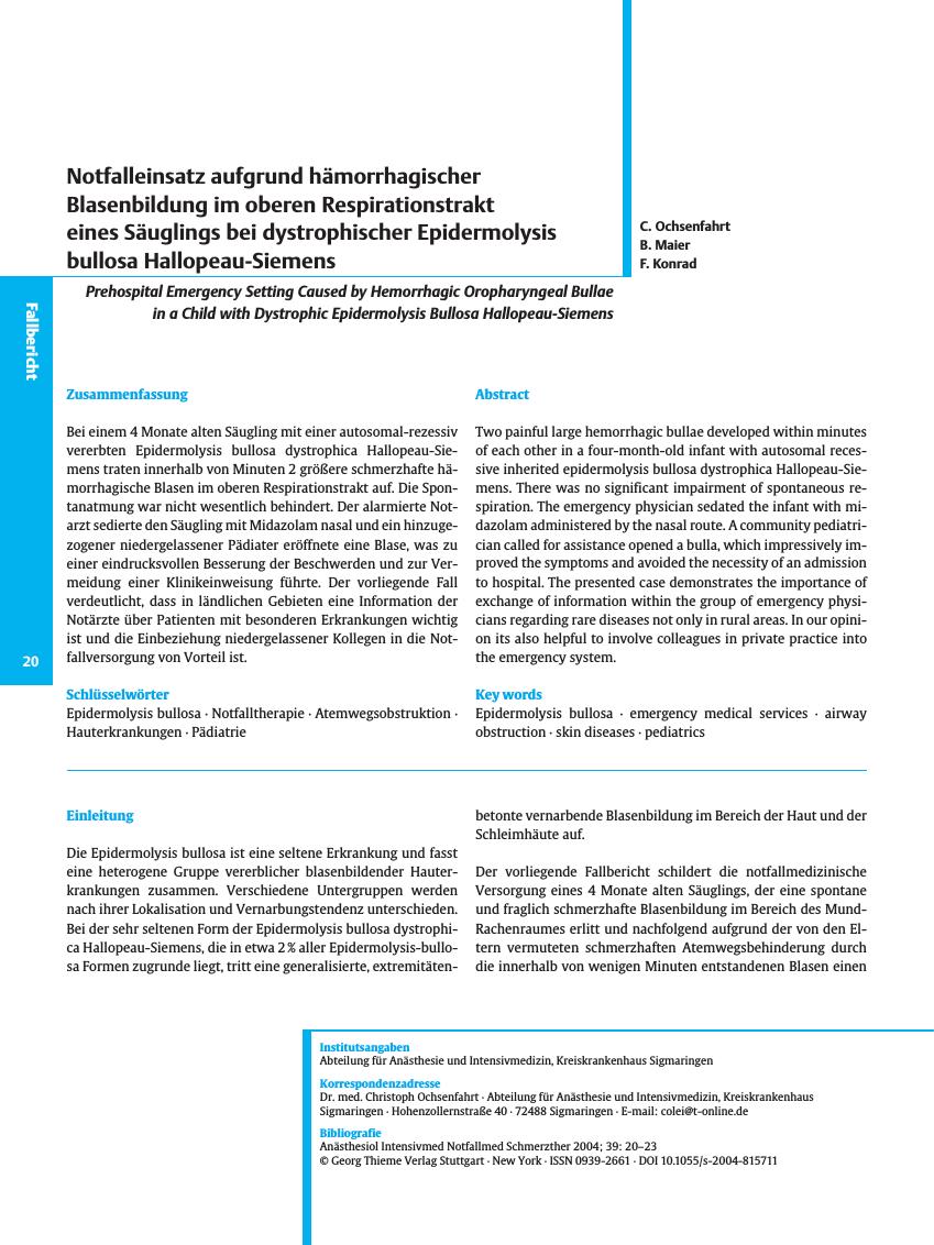 Vorschauseite 1: Notfalleinsatz aufgrund hämorrhagischer Blasenbildung im oberen Respirationstrakt eines Säuglings bei dystrophischer Epidermolysis bullosa Hallopeau-Siemens