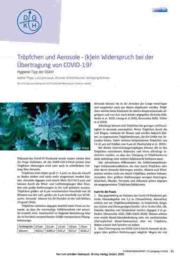 Vorschauseite 1: Tröpfchen und Aerosole - (k)ein Widerspruch bei der Übertragung von COVID-19?