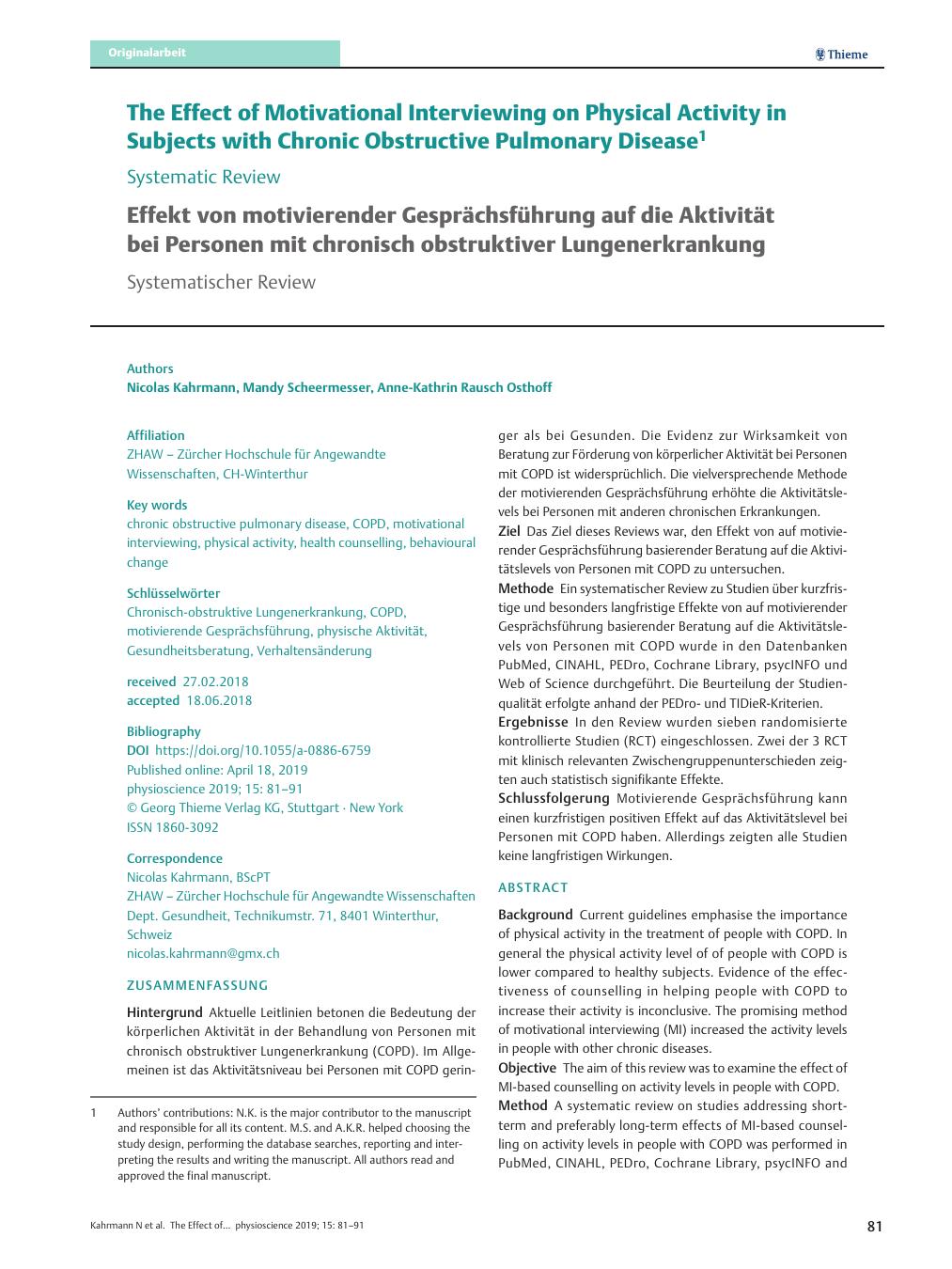 Vorschauseite 1: The Effect of Motivational Interviewing on Physical Activity in Subjects with Chronic Obstructive Pulmonary Disease