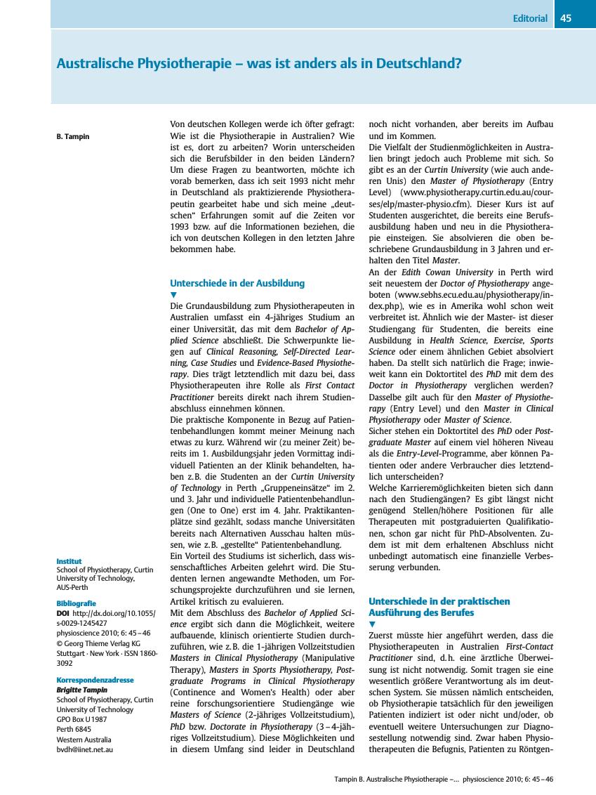 Vorschauseite 1: Australische Physiotherapie ? was ist anders als in Deutschland?