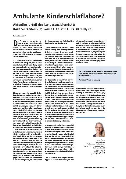 Vorschauseite 1: Ambulante Kinderschlaflabore? Aktuelles Urteil des Landessozialgerichts