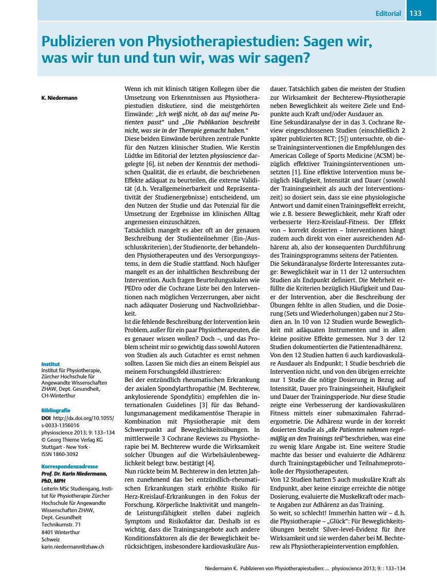Vorschauseite 1: Publizieren von Physiotherapiestudien: Sagen wir, was wir tun und tun wir, was wir sagen?