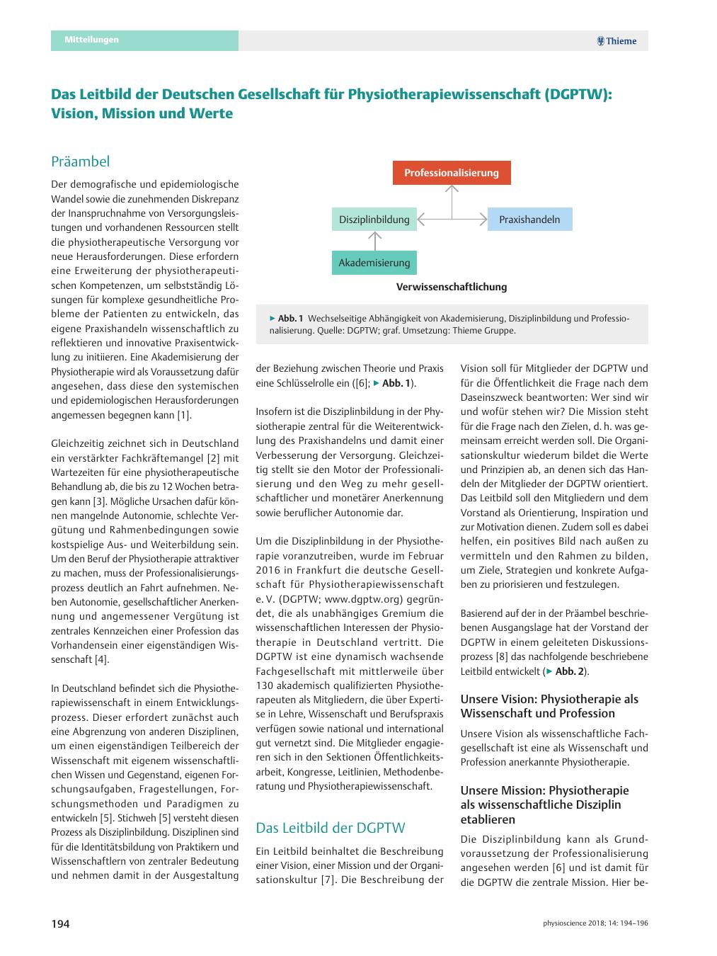 Vorschauseite 1: Das Leitbild der Deutschen Gesellschaft für Physiotherapiewissenschaft (DGPTW): Vision, Mission und Werte