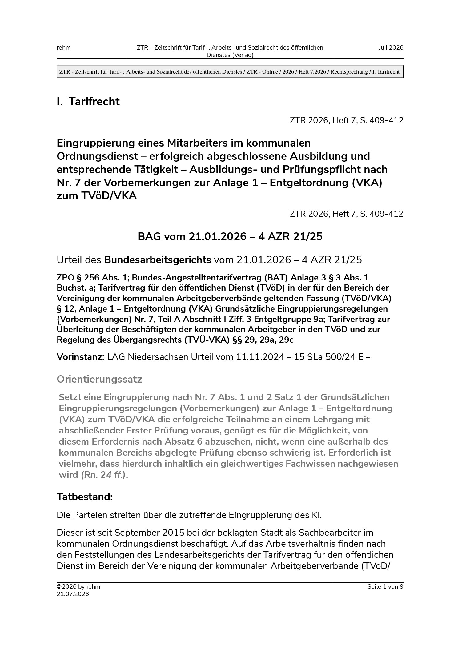 Vorschauseite 1: Eingruppierung eines Mitarbeiters im kommunalen Ordnungsdienst – erfolgreich abgeschlossene Ausbildung und entsprechende Tätigkeit – Ausbildungs- und Prüfungspflicht nach Nr. 7 de…
