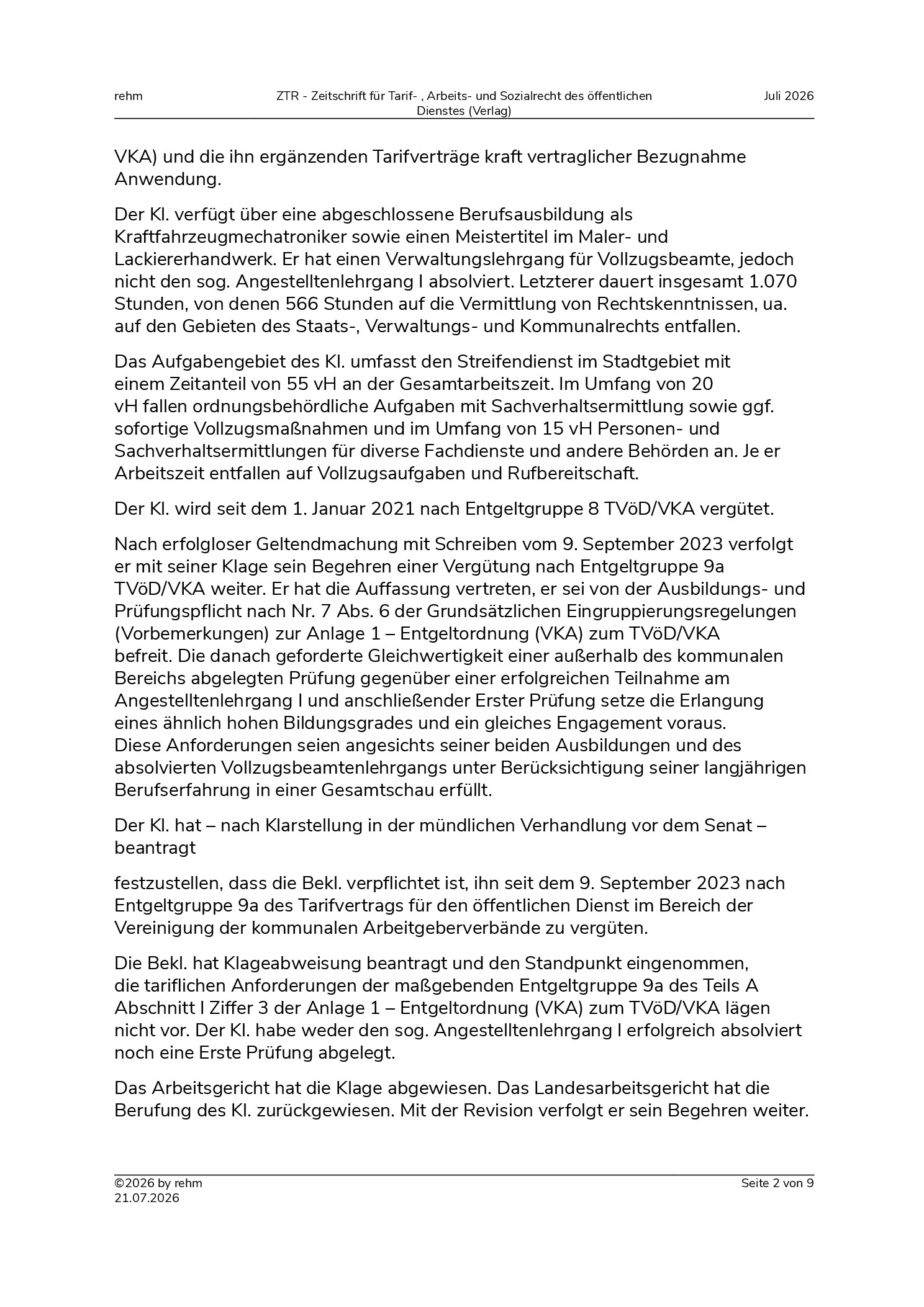 Vorschauseite 2: Eingruppierung eines Mitarbeiters im kommunalen Ordnungsdienst – erfolgreich abgeschlossene Ausbildung und entsprechende Tätigkeit – Ausbildungs- und Prüfungspflicht nach Nr. 7 de…