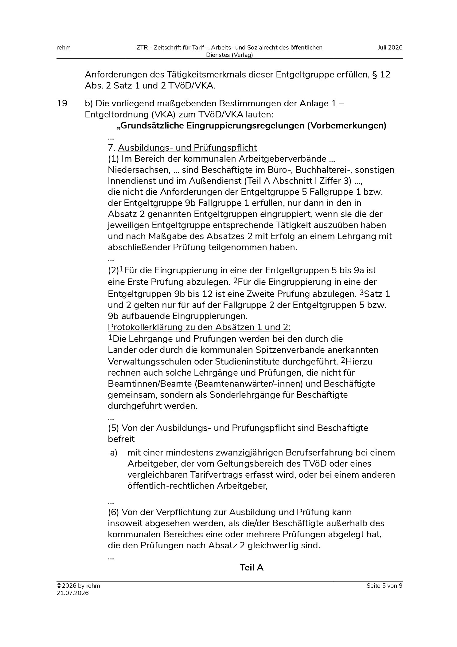 Vorschauseite 5: Eingruppierung eines Mitarbeiters im kommunalen Ordnungsdienst – erfolgreich abgeschlossene Ausbildung und entsprechende Tätigkeit – Ausbildungs- und Prüfungspflicht nach Nr. 7 de…