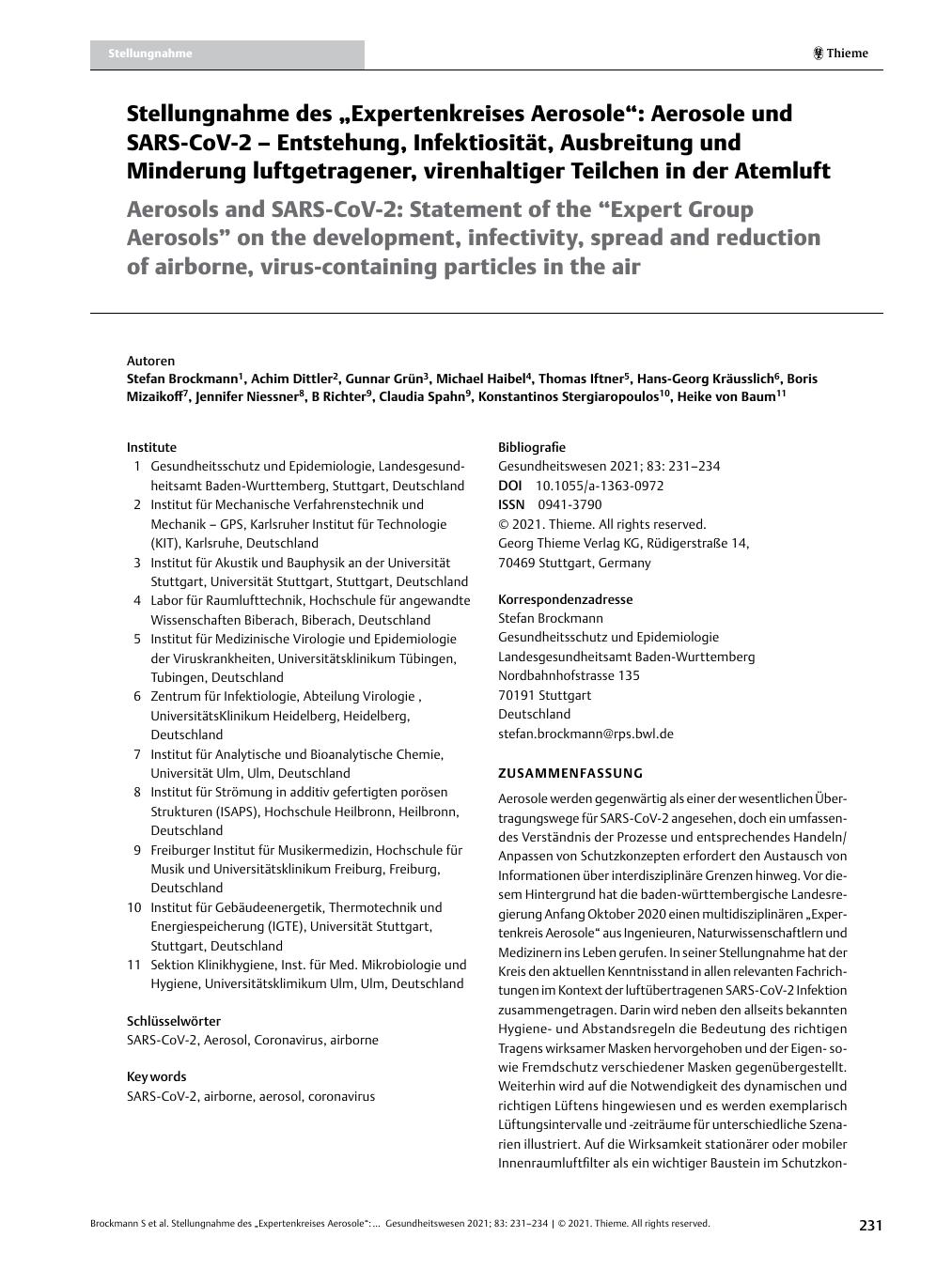 Vorschauseite 1: Stellungnahme des "Expertenkreises Aerosole": Aerosole und SARS-CoV-2 – Entstehung, Infektiosität, Ausbreitung und Minderung luftgetragener, virenhaltiger Teilchen in der Atemluft