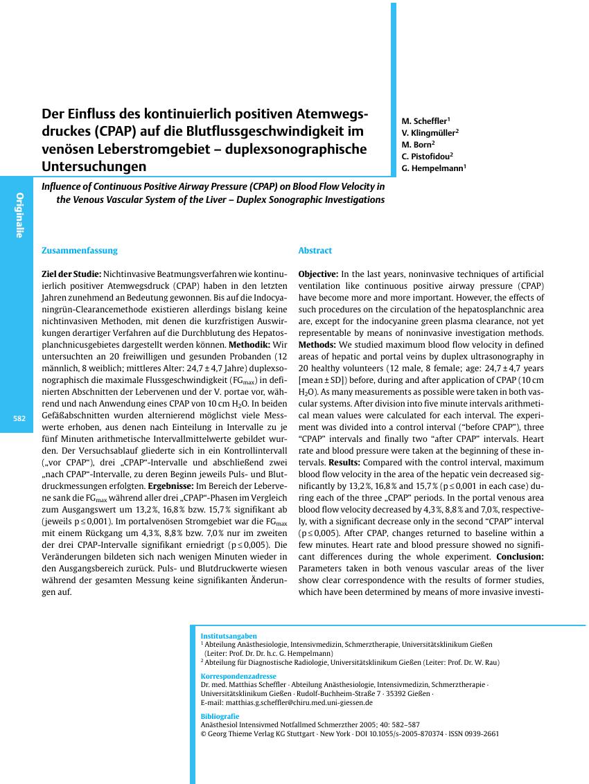 Vorschauseite 1: Der Einfluss des kontinuierlich positiven Atemwegsdruckes (CPAP) auf die Blutflussgeschwindigkeit im venösen Leberstromgebiet - duplexsonographische Untersuchungen