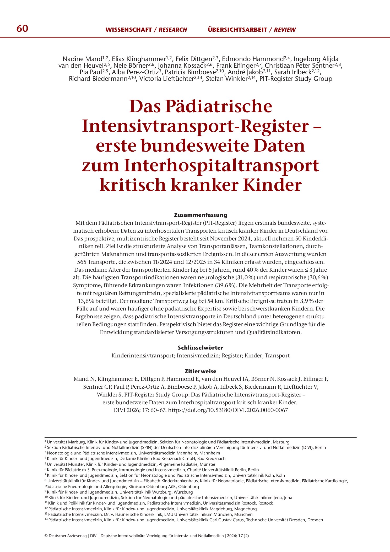 Vorschauseite 1: Das Pädiatrische Intensivtransport-Register – erste bundesweite Daten zum Interhospitaltransport kritisch kranker Kinder