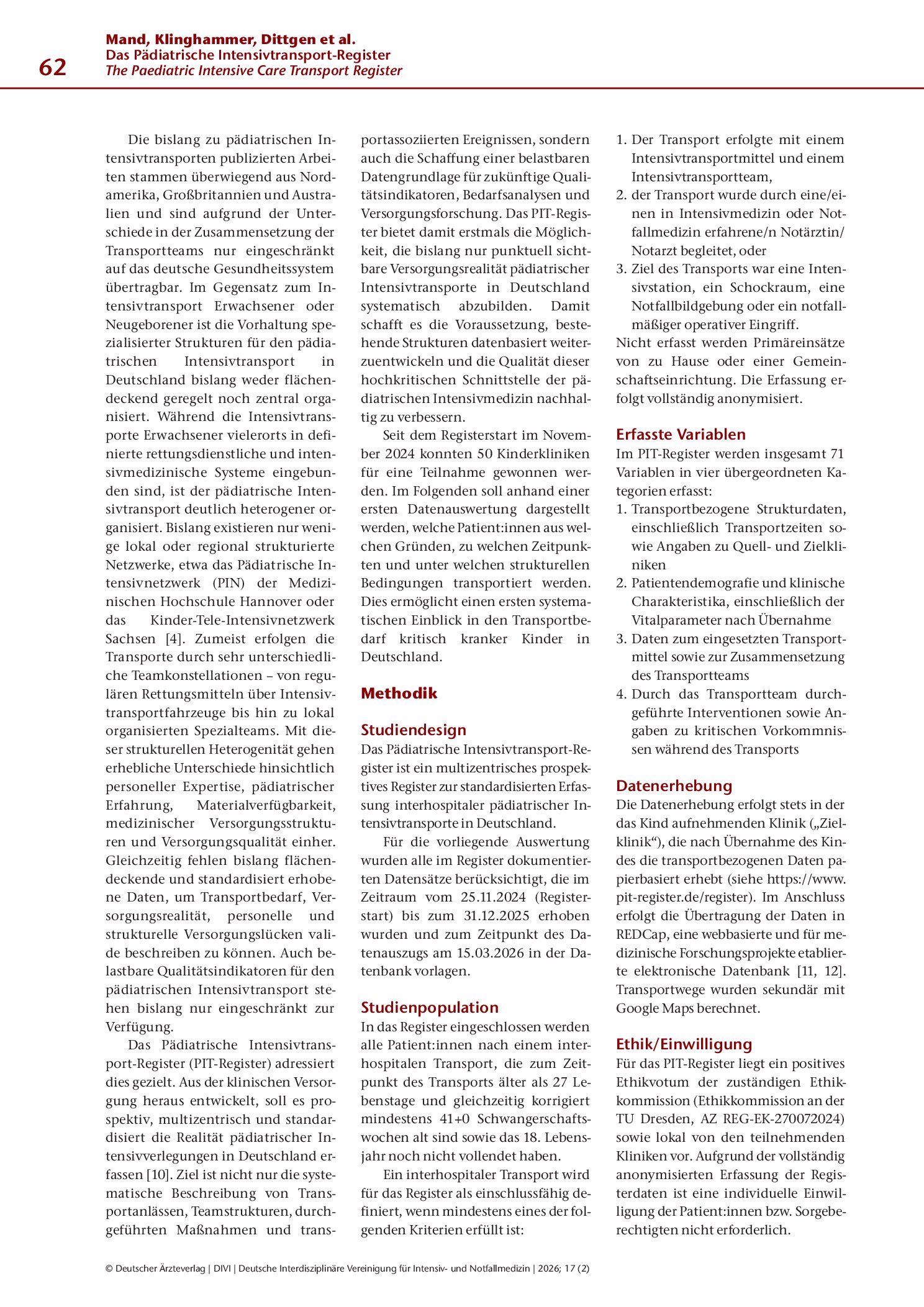 Vorschauseite 3: Das Pädiatrische Intensivtransport-Register – erste bundesweite Daten zum Interhospitaltransport kritisch kranker Kinder