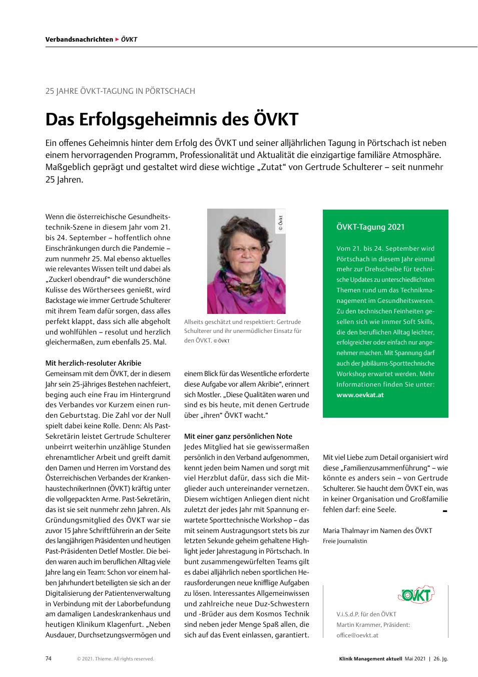 Vorschauseite 1: 25 Jahre ÖVKT-Tagung in Pörtschach: Das Erfolgsgeheimnis des ÖVKT