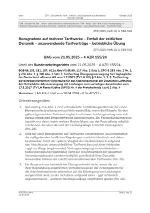 Vorschauseite 1: Bezugnahme auf mehrere Tarifwerke – Entfall der zeitlichen Dynamik – anzuwendende Tarifverträge – betriebliche Übung