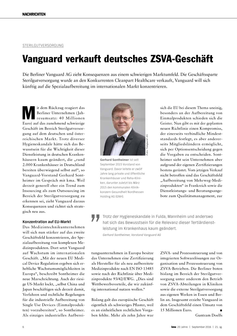 Vorschauseite 1: Sterilgutversorgung: Vanguard verkauft deutsches ZSVA-Geschäft