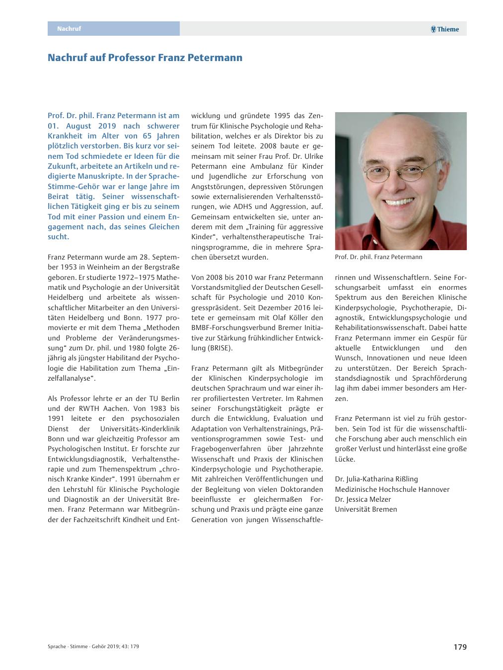 Vorschauseite 1: Nachruf auf Professor Franz Petermann