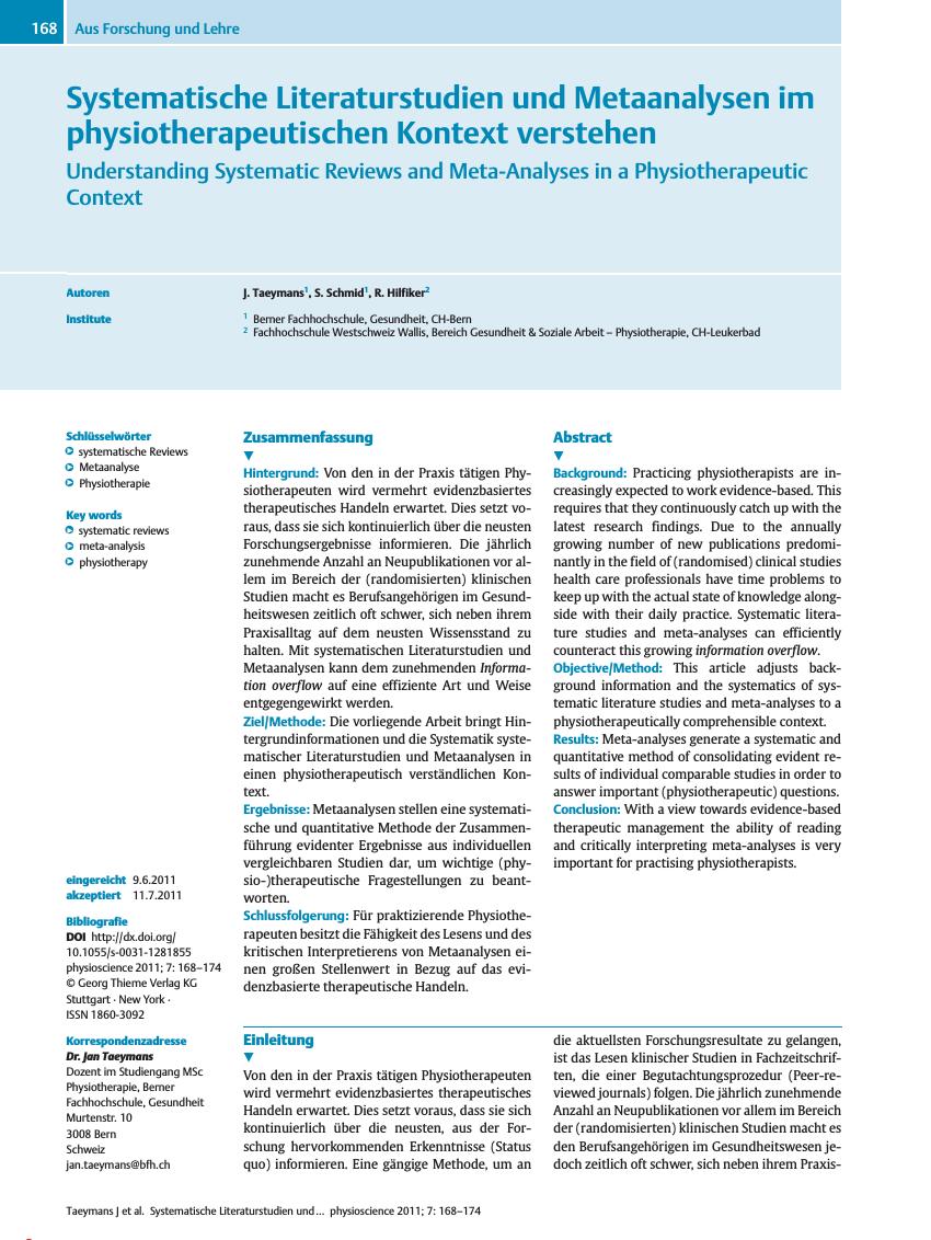 Vorschauseite 1: Systematische Literaturstudien und Metaanalysen im physiotherapeutischen Kontext verstehen