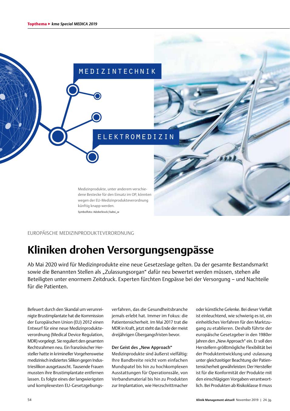 Vorschauseite 1: Europäische Medizinprodukteverordnung: Kliniken drohen Versorgungsengpässe