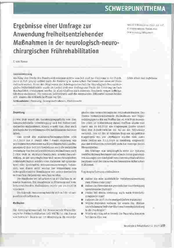 Vorschauseite 1: Ergebnisse einer Umfrage zur Anwendung freiheitsentziehender Maßnahmen in der neurologisch-neurochirurgischen Frührehabilitation