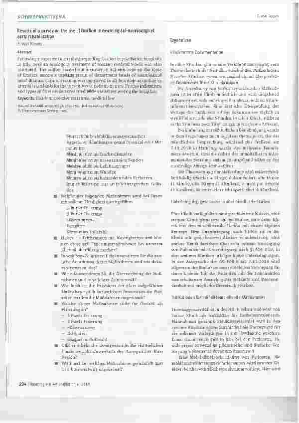 Vorschauseite 2: Ergebnisse einer Umfrage zur Anwendung freiheitsentziehender Maßnahmen in der neurologisch-neurochirurgischen Frührehabilitation