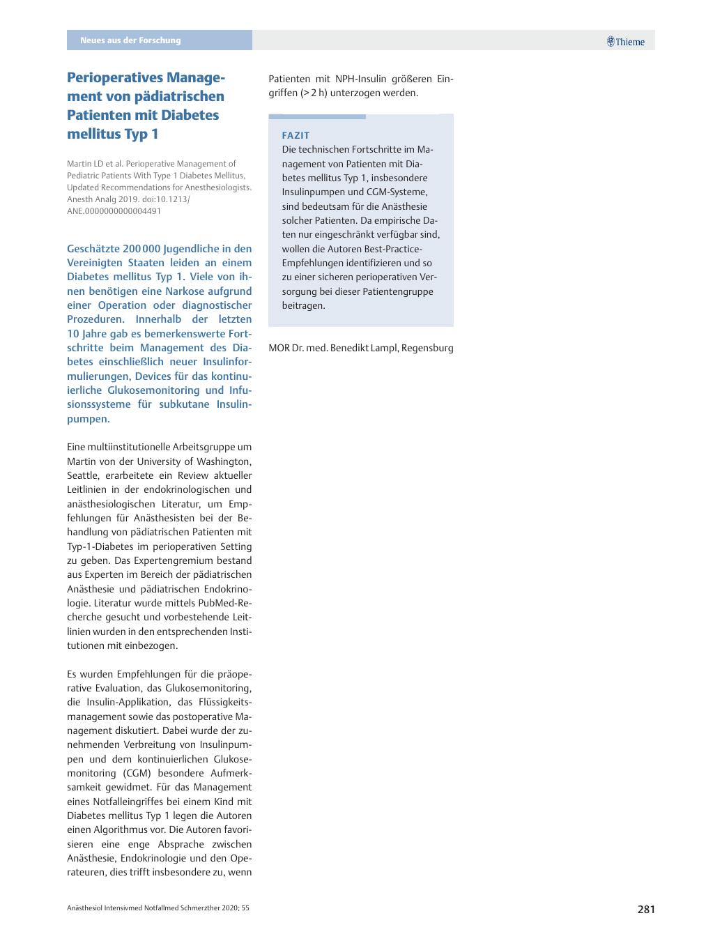 Vorschauseite 1: Perioperatives Management von pädiatrischen Patienten mit Diabetes mellitus Typ 1