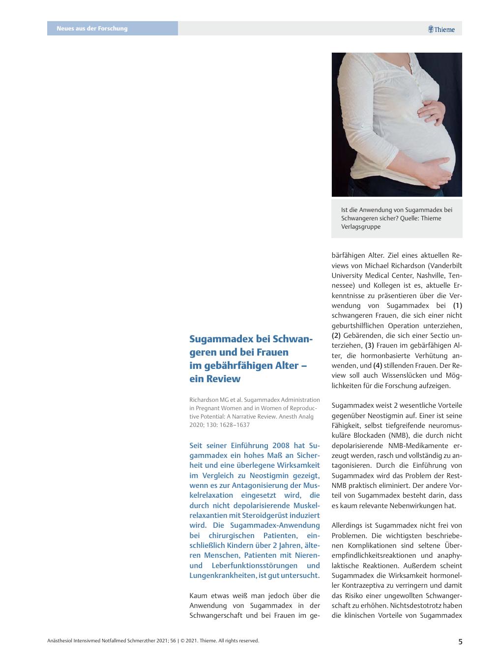 Vorschauseite 1: Sugammadex bei Schwangeren und bei Frauen im gebärfähigen Alter – ein Review