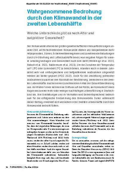 Vorschauseite 1: Wahrgenommene Bedrohung durch den Klimawandel in der zweiten Lebenshälfte