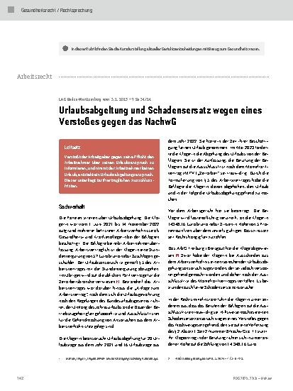 Vorschauseite 1: Urlaubsabgeltung und Schadensersatz wegen eines Verstoßes gegen das NachwG